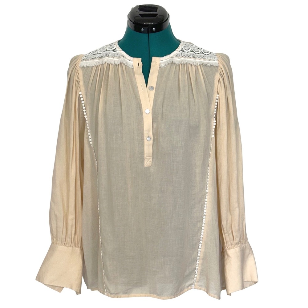 Margaret O'Leary Peasant Blouse Lace Detail Peach Cream Womens Small Boho‎ Top